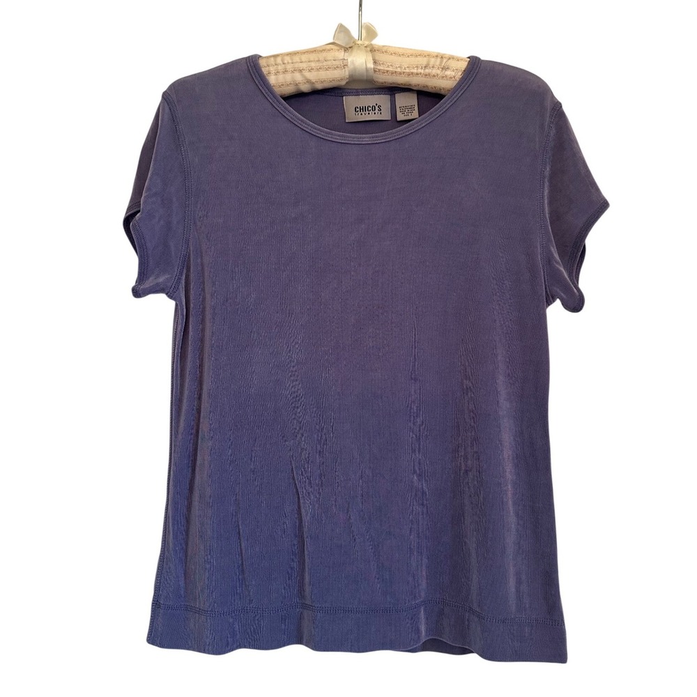 Chicos Travelers Purple Short Sleeve Crew Neck Top Acetate Spandex Sz M Vintage
